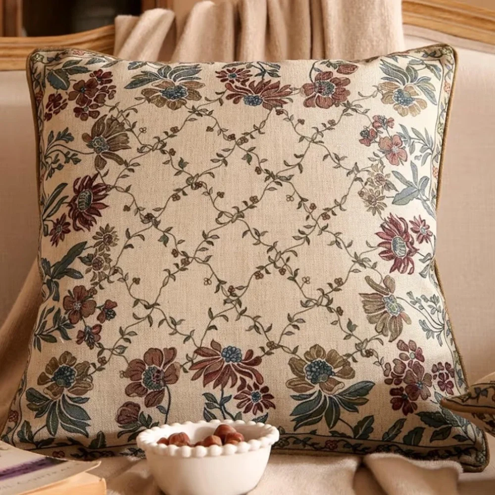 Decorative Vintage Floral Linen Pillow Cover Square 18x18” (1-count)